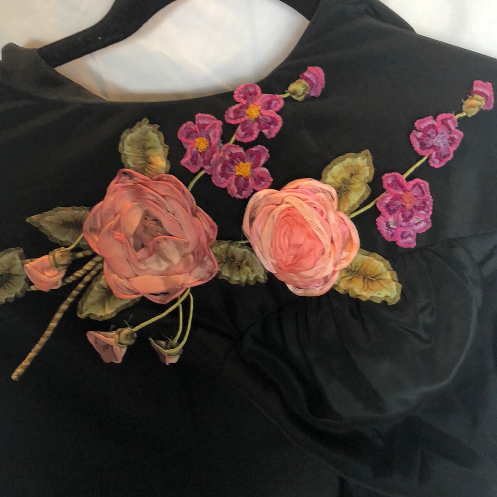 Vintage French rose ribbon black silk dress